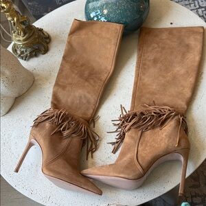 New SCHUTZ  Fringed Tan Knee-High Boots size 8.5 made in Brazil